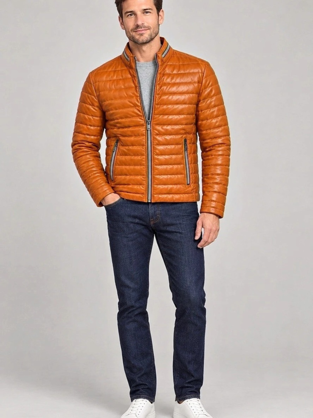 Milestone MSCortino Cognac Lambskin Leather Quilted Puffer Jacket EU 50 NWT